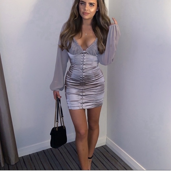 House of CB Gia Bustier Corset Long Sleeve Satin Billowy Sleeve Mini Dress XS - Picture 13 of 14